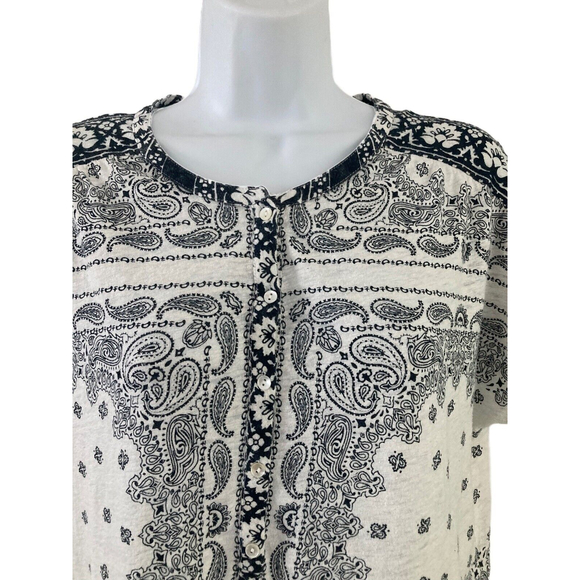 Lucky Brand Top Linen Blend Tunic Sz M White/Blue Paisley Peasant 1/4 Button up - Picture 4 of 9